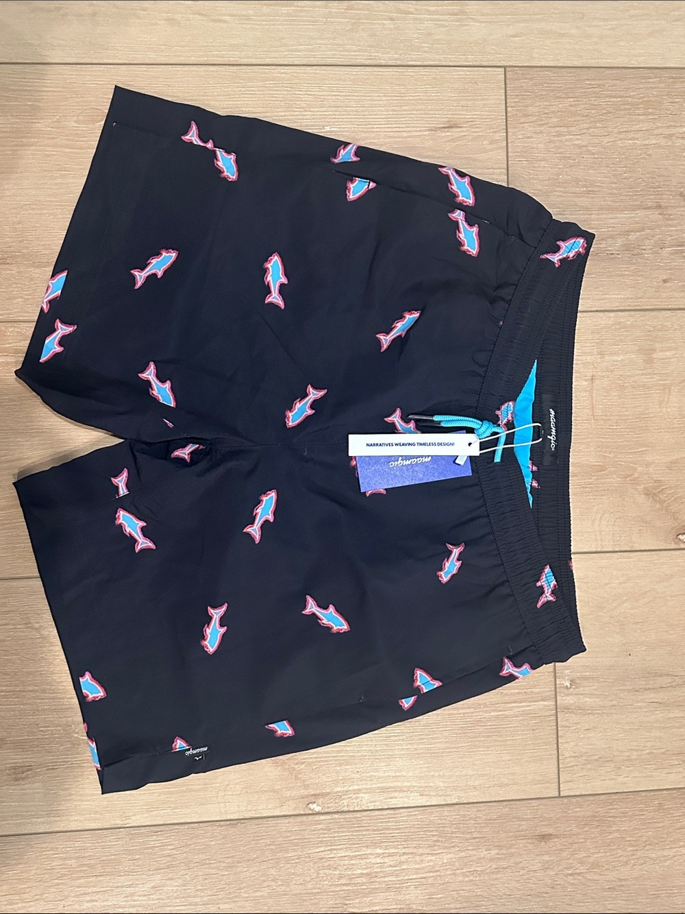 Men's Black Swim Trunks with Pink & Blue Fish Print - Micromelo